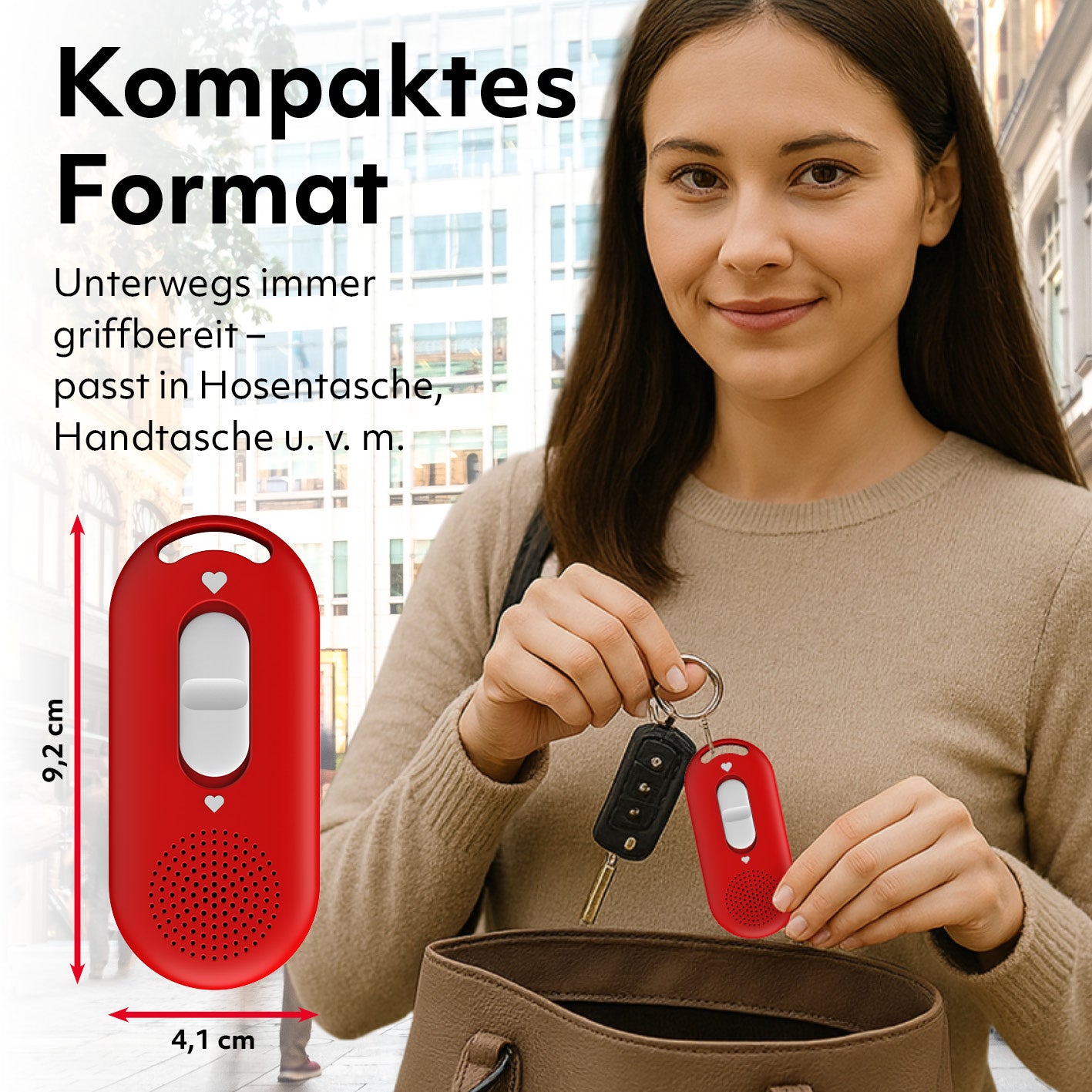 Person hält einen Schlüsselbund mit einem roten, handlichen Audiogerät am Schlüsselring; daneben Größenangaben (9,2 cm × 4,1 cm) und Text „Kompaktes Format“.