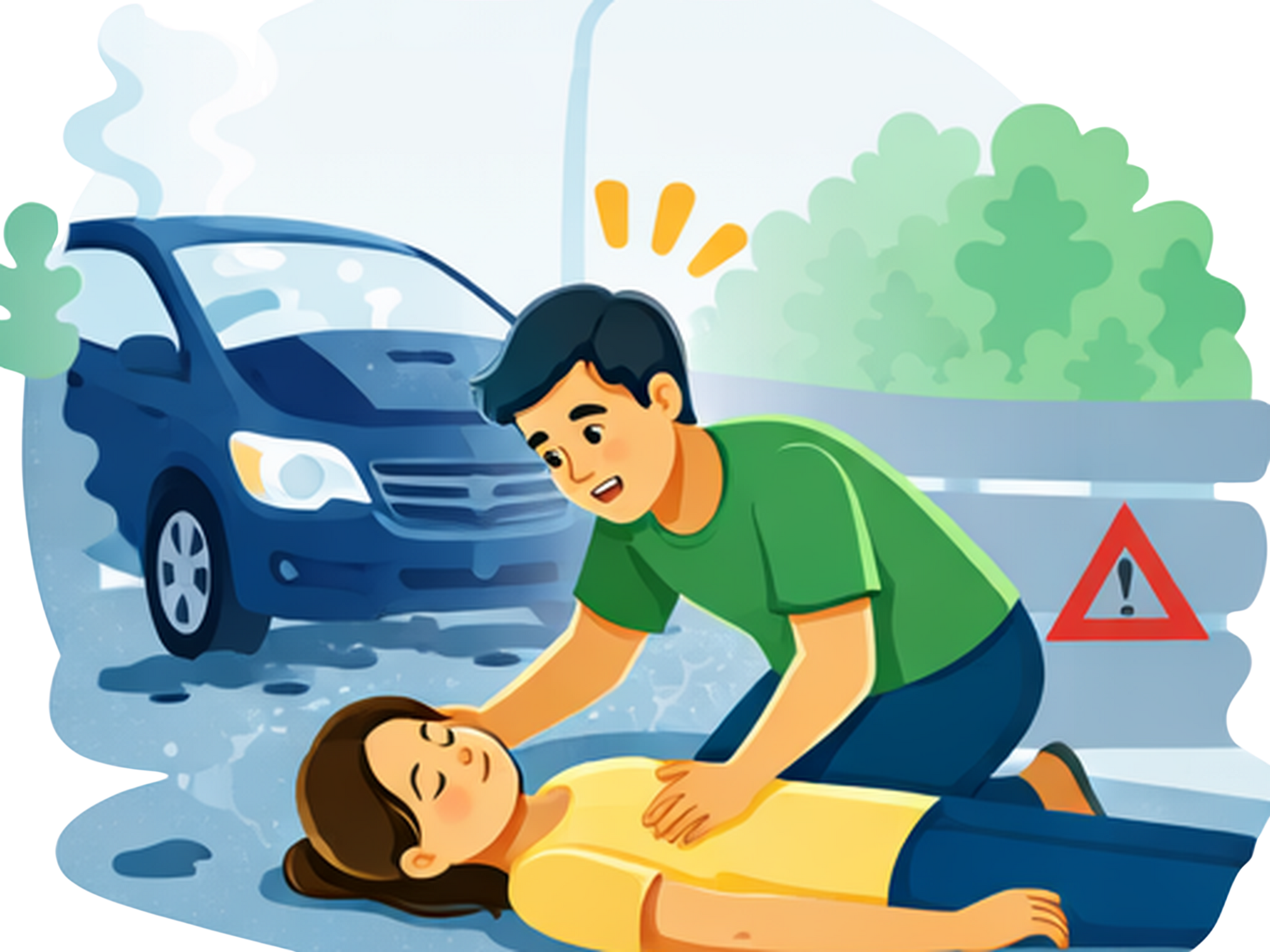Illustration: Person kniet neben einer liegenden Person auf der Straße; im Hintergrund ein Auto und ein Warndreieck.