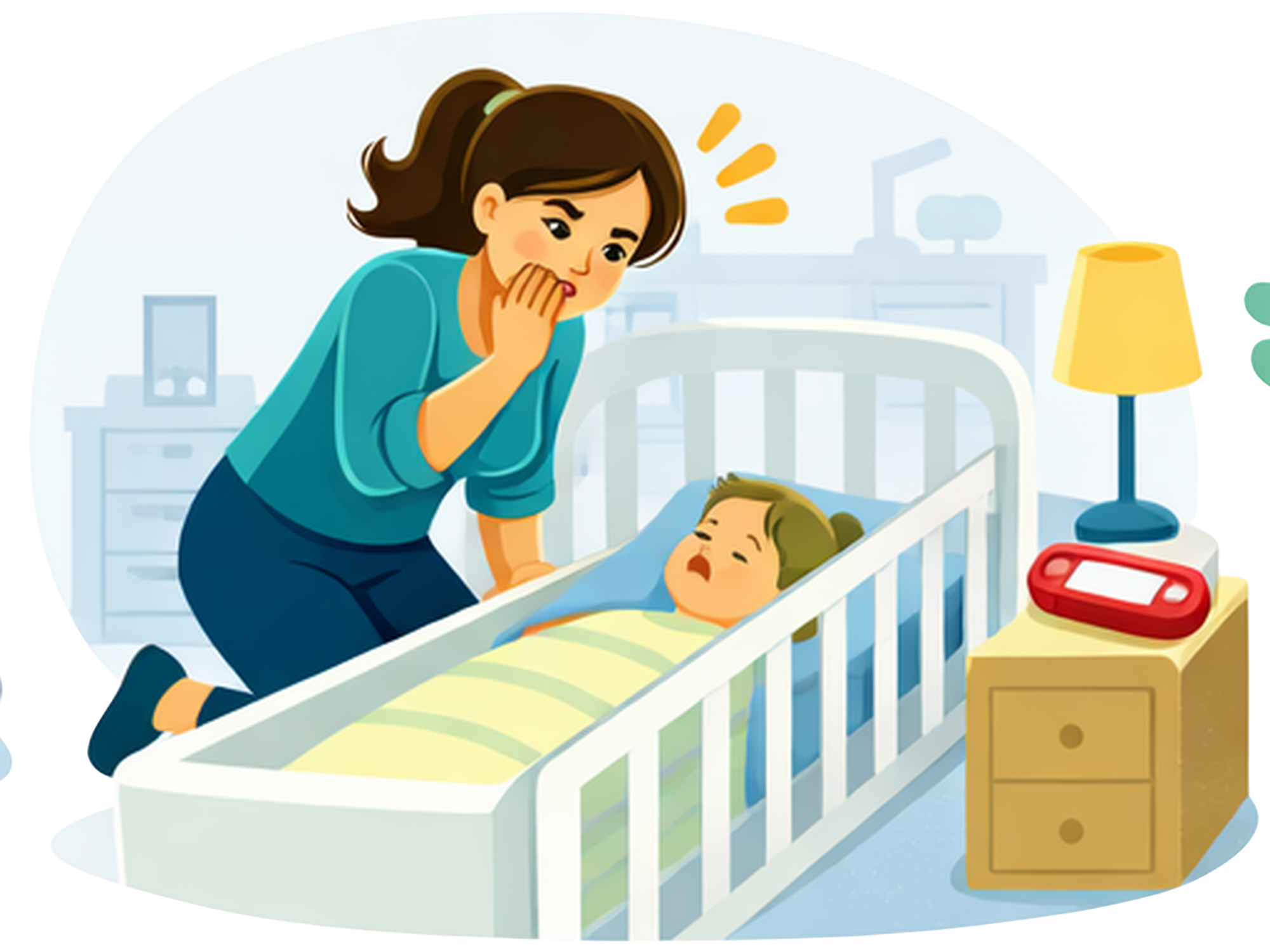 Illustration: Person beugt sich über ein Kind im Bett; auf einem Nachttisch liegt ein rotes Gerät; Schlafzimmer-Szene.