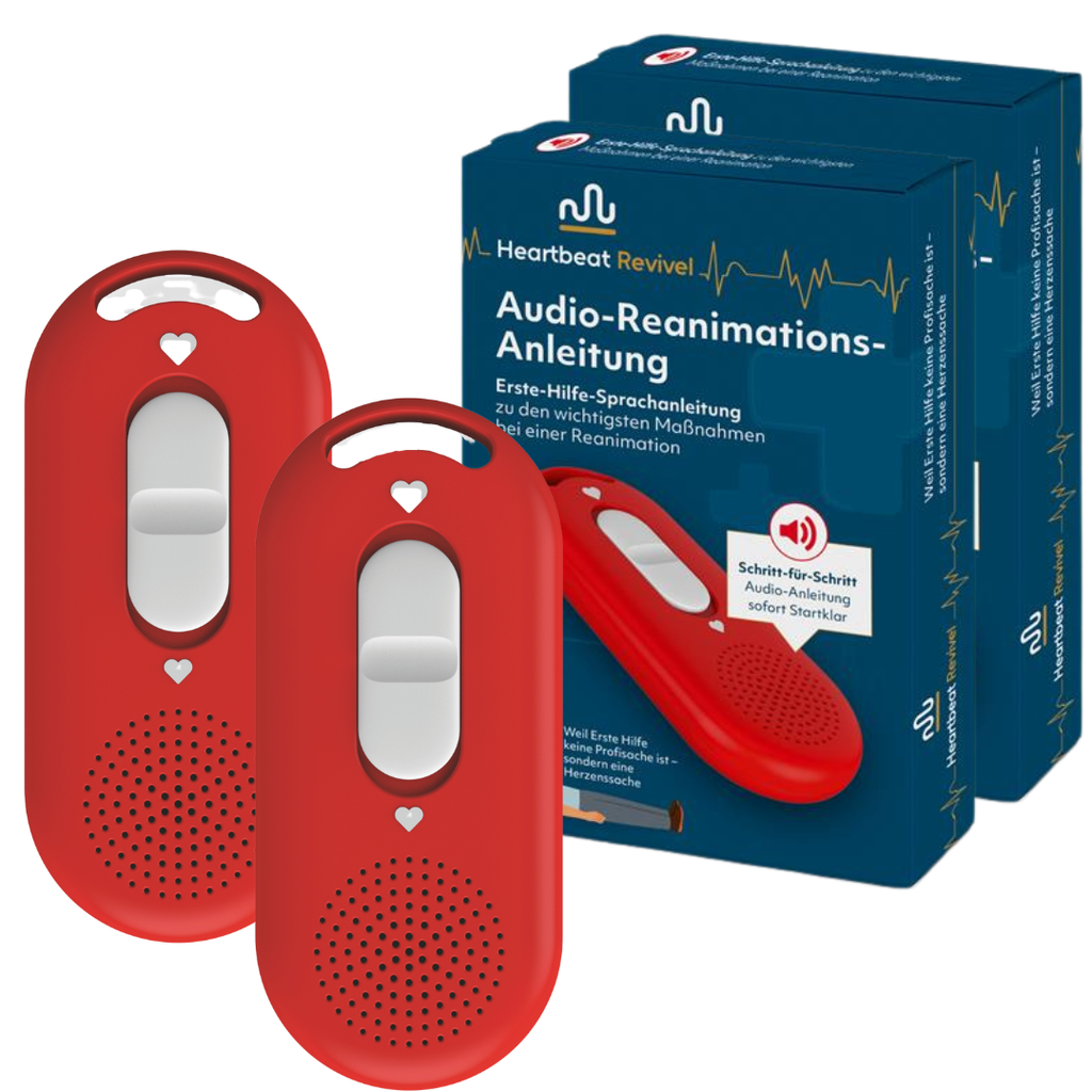Produktfoto: Zwei rote „Heartbeat Revival“ Geräte vor einer blauen Verpackung („Audio-Reanimations-Anleitung“).