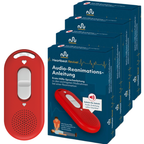Produktfoto: Rotes „Heartbeat Revival“ Audio-Reanimationsgerät vor vier blauen Verpackungen („Audio-Reanimations-Anleitung“), inklusive Hinweis „Schritt-für-Schritt Audio-Anleitung“.