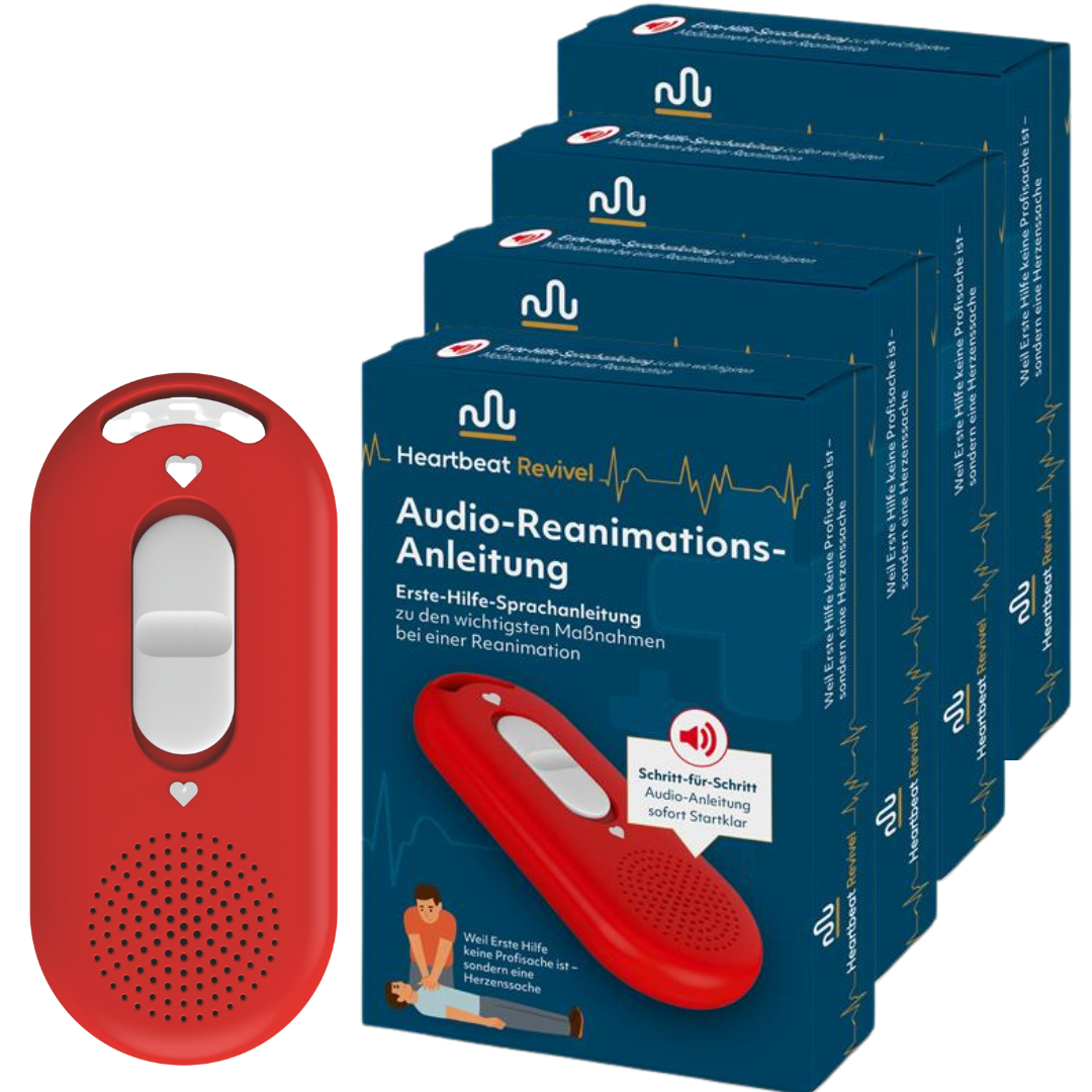 Produktfoto: Rotes „Heartbeat Revival“ Audio-Reanimationsgerät vor vier blauen Verpackungen („Audio-Reanimations-Anleitung“), inklusive Hinweis „Schritt-für-Schritt Audio-Anleitung“.