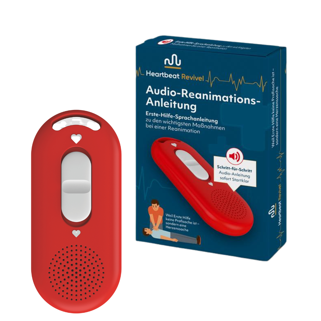 Produktfoto: rotes Gerät neben blauer Verpackung „Audio-Reanimations-Anleitung“ auf weißem Hintergrund.