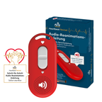 Produktmotiv: rotes Gerät vor blauer Verpackung „Audio-Reanimations-Anleitung“, zusätzlich ein Logo/Badge „Schritt-für-Schritt Audio-Reanimations-Anleitung. Sofort startklar“.