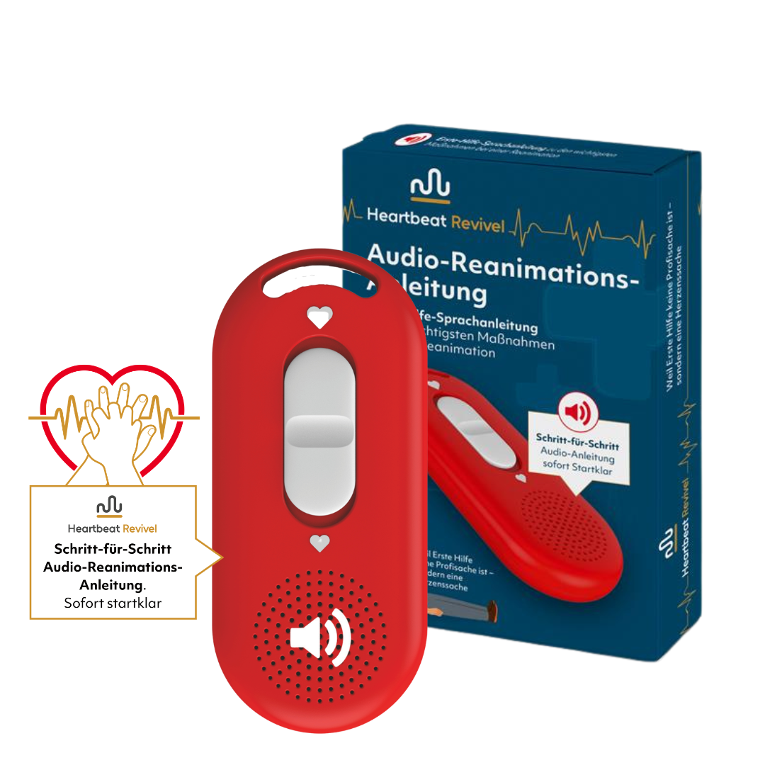 Produktmotiv: rotes Gerät vor blauer Verpackung „Audio-Reanimations-Anleitung“, zusätzlich ein Logo/Badge „Schritt-für-Schritt Audio-Reanimations-Anleitung. Sofort startklar“.